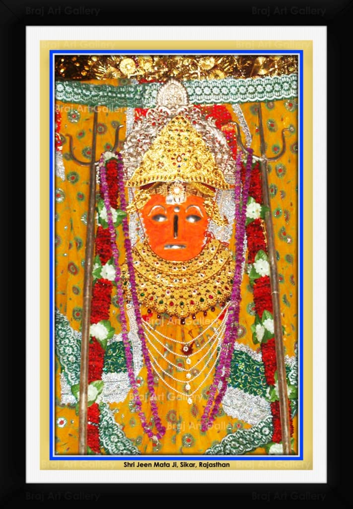 Framed traditional portrait of Shri Jeen Mata Ji, Sikar, Rajasthan, with golden crown, vermilion face, rose garlands and trishul
