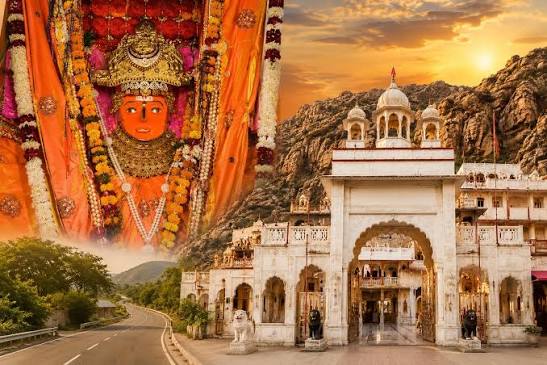Illustrative view of the road winding through the Aravalli hills to a white marble temple gateway, with the Goddess Jeen Mata shown in the sky